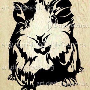 May include: Black and white silhouette of a guinea pig with a fluffy appearance. The guinea pig is facing forward with its mouth slightly open, showing its teeth. The image is a digital illustration.