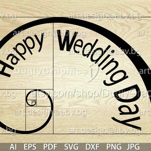 Pode incluir: Design gráfico preto e branco com uma espiral dourada e o texto "Happy Wedding Day" em uma fonte curva e estilizada.