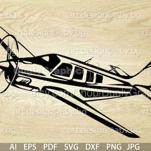 Puede incluir: Silueta en blanco y negro de un avión pequeño con una hélice. El avión está volando en el aire.