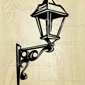May include: A black wall-mounted lantern graphic featuring a decorative scrollwork bracket and a classic four-sided glass pane design. The image includes the text art.design@abv.bg, etsy.com/shop/DugyGraphics, and DugyGraphics, with file formats listed at the bottom.