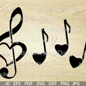Puede incluir: Dise&ntilde;o gr&aacute;fico en blanco y negro de cuatro notas musicales, cada una con forma de coraz&oacute;n. La primera nota es una clave de sol con un coraz&oacute;n en el medio.