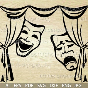 Vector THEATER MASKS and stage curtains, AI, eps, pdf, svg, dxf, png, jpg Download files, Digital, graphical