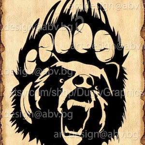 Könnte beinhalten: Schwarz-weiße Grafik eines Bärenpfotes und eines grimmigen Bärengesichts. Das Design enthält den Text "etsy.com/shop/DustyGraphics" und "art.design@abv.bg" auf einem strukturierten, sepiafarbenen Hintergrund. Verfügbar in AI, EPS, PDF, SVG, DXF, PNG und JPG Formaten.