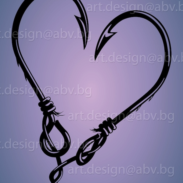 Vector FISHING HOOKS, heart, AI, eps, pdf, png, svg, dxf, jpg Image Graphic Digital Download Artwork, graphical, discount coupons