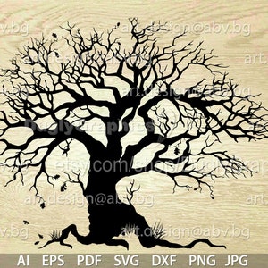 May include: Black silhouette of a bare tree with branches reaching out in all directions. The tree is set against a light wood background.