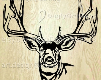 May include: Black and white silhouette of a deer head with large antlers. The deer is facing forward with its mouth slightly open.