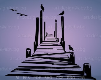 Wooden Quay Vector Image with Birds (Digital Download)