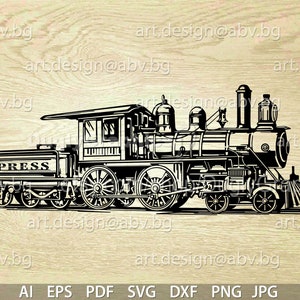 Peut inclure: Une illustration en noir et blanc d'une locomotive à vapeur vintage avec le mot "EXPRESS" sur le côté. Le train a de grandes roues et une haute cheminée.