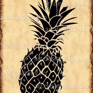 May include: A black silhouette of a pineapple with a spiky top and a textured body. The pineapple is isolated on a brown background.