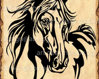 May include: Black and white silhouette of a horse's head with a flowing mane. The horse's head is facing the viewer, and its eyes are closed. The image is set against a brown background.
