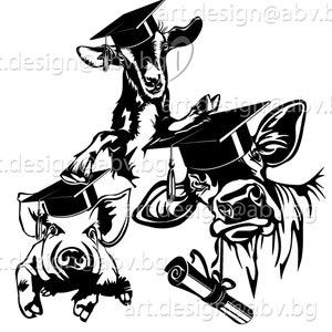 May include: Black and white illustration of a pig, a goat, and a cow wearing graduation caps. The pig and goat are looking at the viewer, while the cow is looking down. A graduation scroll is in the foreground.