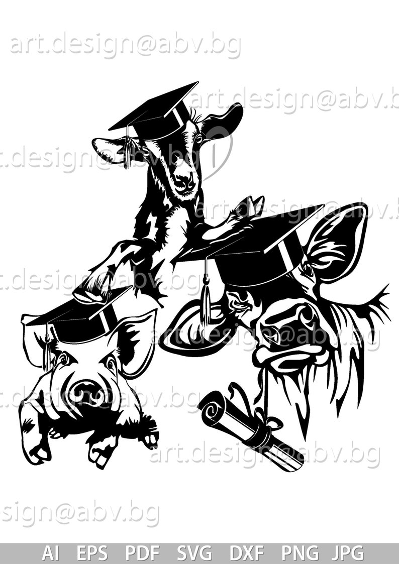 May include: Black and white illustration of a pig, a goat, and a cow wearing graduation caps. The pig and goat are looking at the viewer, while the cow is looking down. A graduation scroll is in the foreground.