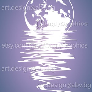 May include: A white silhouette of a full moon reflecting in rippling water. The moon is partially submerged in the water, creating a crescent shape. The water is depicted with wavy lines.
