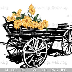 Vector RURAL CART, wagon, AI, eps, pdf, svg, dxf, png, jpg Download, Digital image, graphical, sunflowers