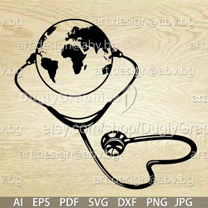 Puede incluir: Un diseño gráfico negro que muestra un estetoscopio con el tubo en forma de corazón rodeando un globo terráqueo. El diseño incluye el texto art.design@abv.bg y DuglyGraphics, con los formatos de archivo AI, EPS, PDF, SVG, PNG y JPG listados.