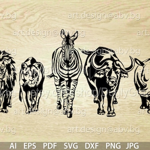 Vector SAFARI ANIMALS, front, ai, eps, pdf, svg, dxf, png, jpg Download, Digital image, graphical, zebra, lion, tiger, rhino, buffalo