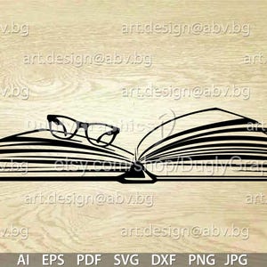 Op de afbeelding: Een zwart-witte illustratie van een open boek met een bril erop. Het boek is open op een pagina met tekstregels.