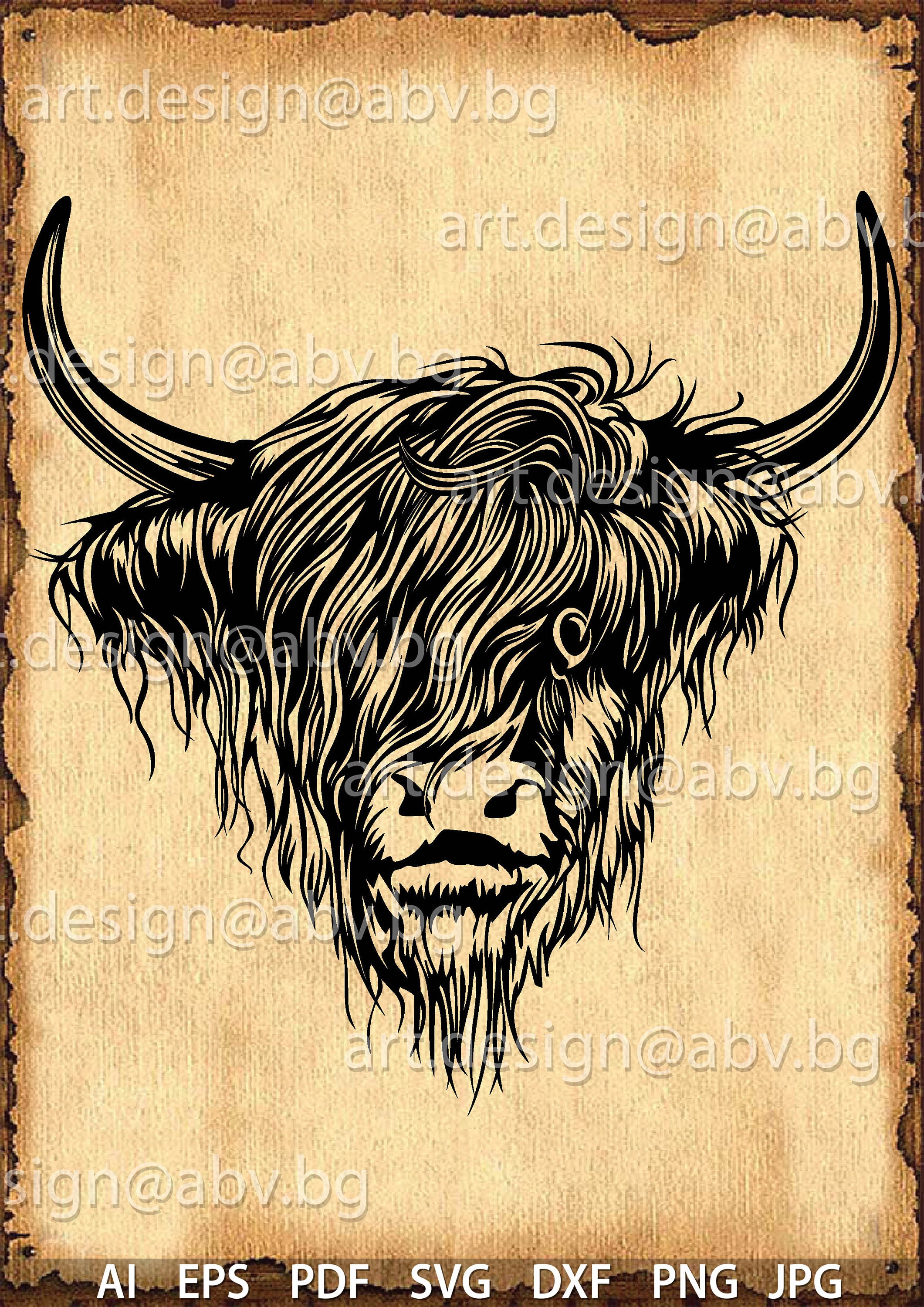 Vector BUFFALO, Highland Cow head, AI, PNG, eps, pdf, svg, dxf, jpg I…