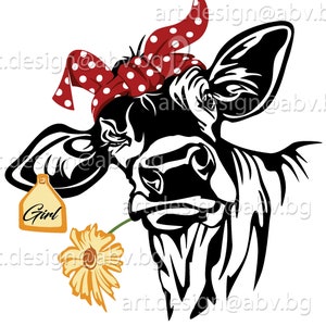 Vector COW with bandana, flower and tag to the ear, calf, head, AI, PNG, eps, pdf, svg, dxf, jpg, svg, Art Print, heifer, muzzle, funny
