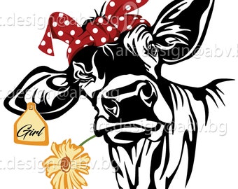 Vector COW with bandana, flower and tag to the ear, calf, head, AI, PNG, eps, pdf, svg, dxf, jpg, svg, Art Print, heifer, muzzle, funny