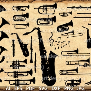 Vector 34 MESSING MUZIEKinstrumenten BUNDEL, ai, eps, pdf, svg, dxf, png, jpg downloaden, collectie, muziek, silhouet