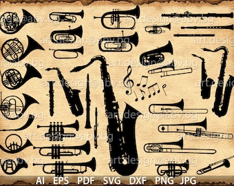 Vector 34 BRASS MUSICAL instruments, ai, eps, pdf, svg, dxf, png, jpg Download, collection, music, silhouette