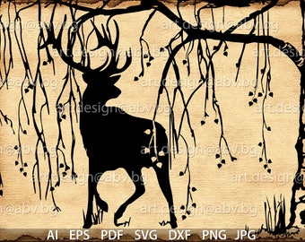 Deer and Birch Tree Vector Illustration (Digital Download)