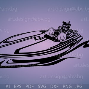 May include: Black and white silhouette of a speedboat with a powerful engine, cutting through the water. The boat has a sleek design with a pointed bow and a single seat.