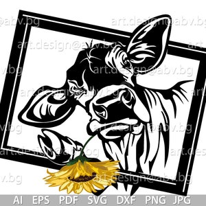 Vector COW in frame with sunflowers, heifer, calf, head, AI, PNG, eps, pdf, svg, dxf, jpg Instant Download, Art Print, svg heifer