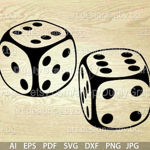May include: Two black and white dice with dots on each side. The dice are on a wooden background.