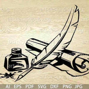 Könnte beinhalten: Eine Schwarzweißillustration einer Feder, eines Tintenfässchens und einer aufgerollten Pergamentrolle. Die Feder liegt auf dem Pergament, und das Tintenfässchen steht daneben. Das Bild ist eine klassische Darstellung von Schreiben und Literatur.