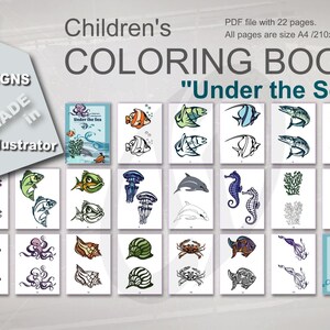 Peut inclure: Un livre de coloriage pour enfants mettant en scène une variété de créatures marines, notamment une étoile de mer, un crabe, un hippocampe, une méduse, une tortue, une pieuvre et un poisson. Le livre est intitulé "Sous la mer" et est réalisé avec Illustrator.