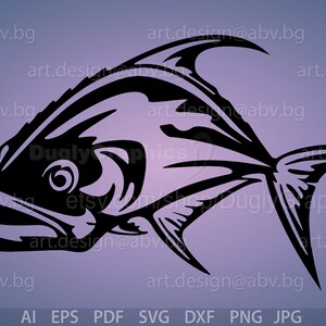 May include: A black graphic illustration of a fish with a prominent dorsal fin and a stylised tail. The design features bold, sharp lines and a circular eye. Below the fish, the text reads AI EPS PDF SVG DXF PNG JPG.
