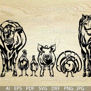 Vector ANIMAL FARM front, ai, eps, pdf, svg, dxf, png, jpg Download, Digital image, graphical, cow. rooster, hen, pig, turkey, horse