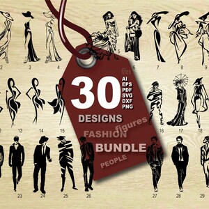 Puede incluir: Una colección de 30 ilustraciones de diseño de moda en blanco y negro. Los diseños incluyen varias figuras de personas, tanto masculinas como femeninas, en diferentes poses y atuendos. La imagen también incluye una etiqueta con el texto "30 Designs Fashion Figures Bundle People".