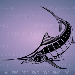 Vector MARLIN FISH, ai, eps, pdf, png, svg, dxf, jpg Image Graphic Digital Download Artwork, stylized, graphical, discount coupons