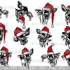 Vector 12 COWS with Christmas hat svg pet head AI PNG eps pdf svg dxf jpg Instant Download Santa heifers santa pets