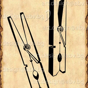 May include: Two black wooden clothespins with spring-loaded metal clips. The clothespins are in a vertical position, with the top clothespin slightly offset to the right.
