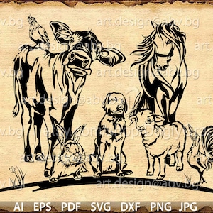 Vector ANIMAL FARM cow horse dog sheep rabbit rooster hen ai eps pdf svg dxf png jpg Download Digital image graphical