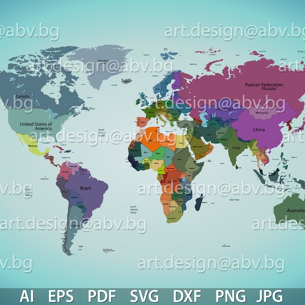 Vector EARTH, countries, map, colored, AI, eps, pdf, jpg, svg, dxf, png Download, Digital image, svg countries, editable, graphical image