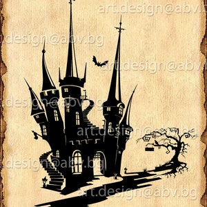 May include: Black silhouette of a spooky, multi-towered castle with a winding staircase and a bat flying overhead. A bare tree with branches reaching out stands to the right of the castle.