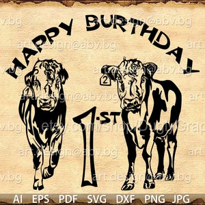 Vector COW, Hereford calfs, AI, PNG, eps, pdf, svg, dxf, jpg Instant Download, graphical image Art Print, Happy Birthday, Digital image