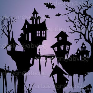 May include: Silhouette of a spooky Halloween scene with multiple haunted houses, trees, bats, and a black cat. The houses are all different shapes and sizes, and some have windows and doors. The trees are bare and have branches that reach up into the sky. The bats are flying around the houses and trees. The black cat is sitting in the foreground, looking up at the houses.