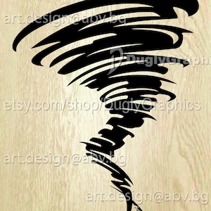 May include: Black and white silhouette of a tornado, a swirling vortex of wind, on a woodgrain background.