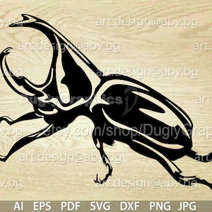 May include: Black and white silhouette of a rhinoceros beetle with large horns. The beetle is facing right and has its legs outstretched. The image is on a woodgrain background.
