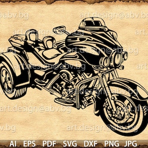 Puede incluir: Ilustración en blanco y negro de una motocicleta con sidecar. La motocicleta tiene un parabrisas grande y un motor detallado. El sidecar está unido al lado derecho de la motocicleta.