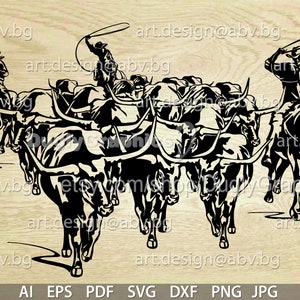 Vector CATTLE DRIVE, cowboys with a herd of cattle, neat, ox, AI, png, eps, pdf, svg, dxf, jpg Instant Download, Art Print