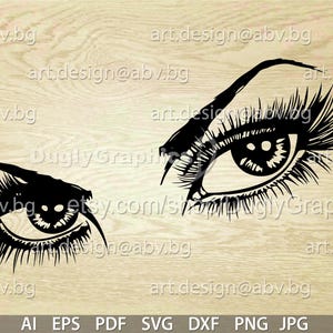 May include: A black graphic featuring two stylised eyes with prominent eyelashes. The design highlights the iris and pupil details. The image is set against a light wood grain background, ideal for digital art or design purposes.