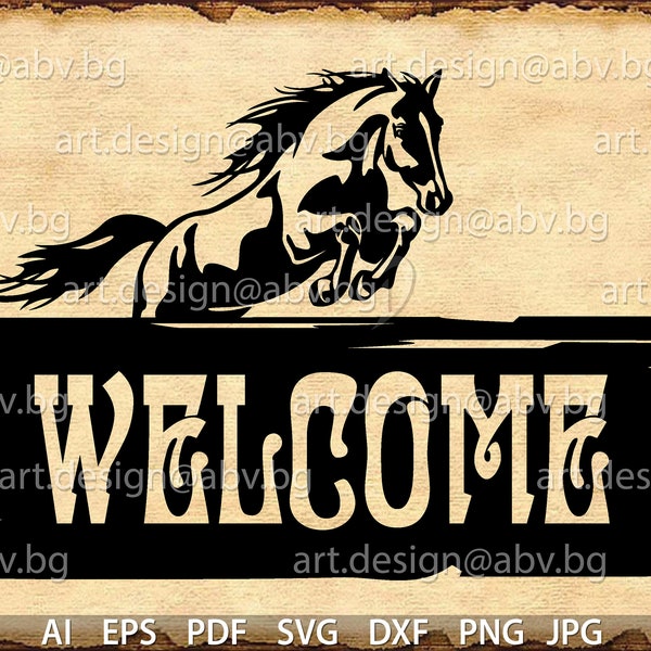 Vector WELCOME, text, horse,  AI, eps, PNG, pdf, svg, dxf, jpg Download files, Digital, graphical, discount coupons