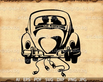 Vector WEDDING CAR with tins, just married, AI, eps, pdf, svg, dxf, png, jpg, graphical, discount coupons